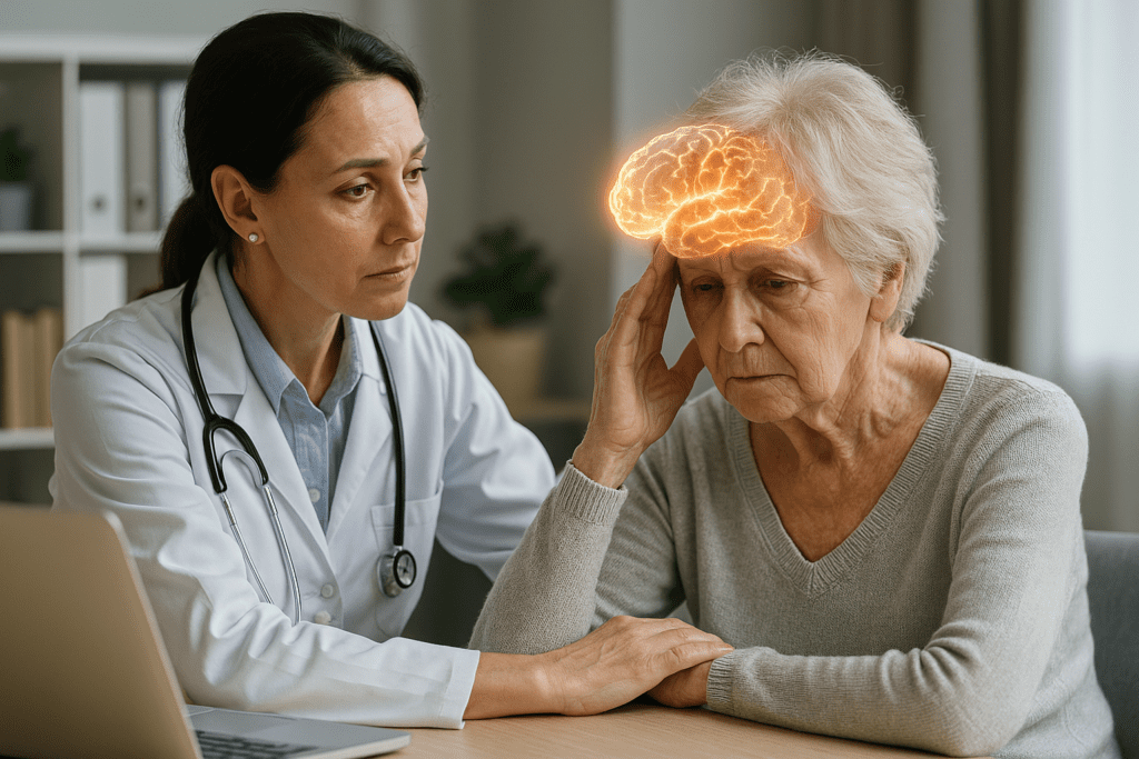 Female doctor attentively consulting with an elderly woman showing cognitive distress, with a glowing brain hologram illustrating Alzheimer's impact in a clinical setting.