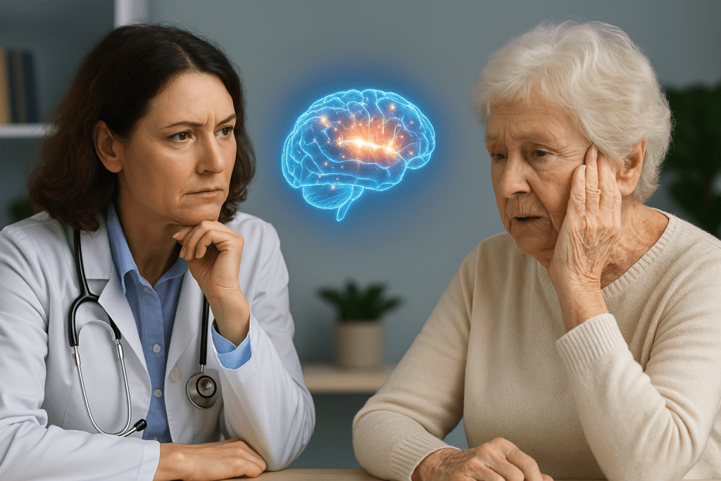 Middle-aged doctor examining an elderly woman with signs of memory loss, with a digital brain hologram symbolizing Alzheimer's diagnostics and neural research.