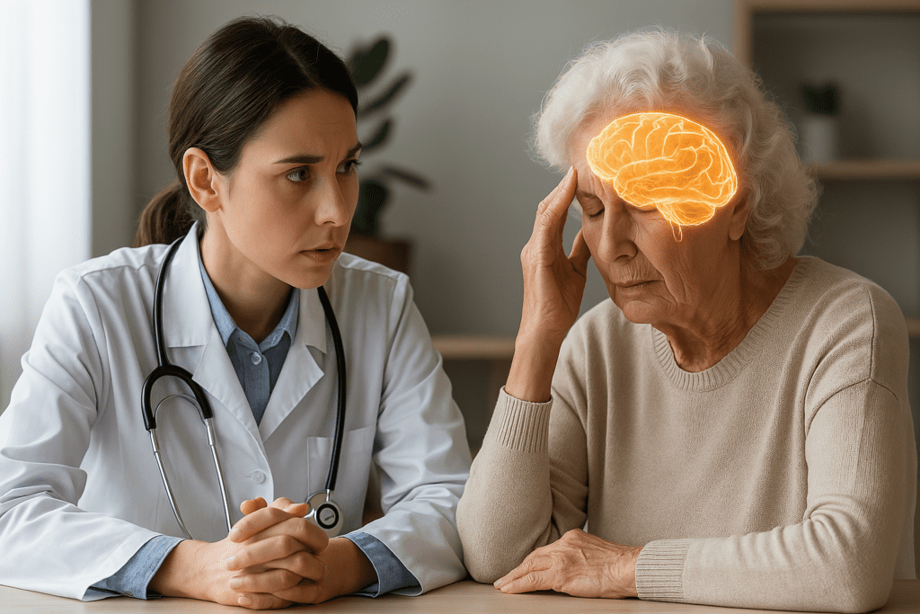 Middle-aged doctor examining an elderly woman with signs of memory loss, with a digital brain hologram symbolizing Alzheimer's diagnostics and neural research.