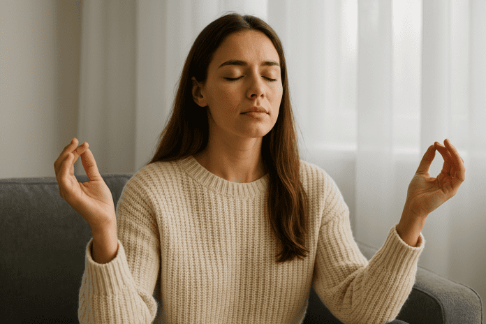 A calm young woman practicing meditation on a sofa in a sunlit room, eyes closed and hands in a relaxed mudra position, representing emotional recovery after a panic attack.