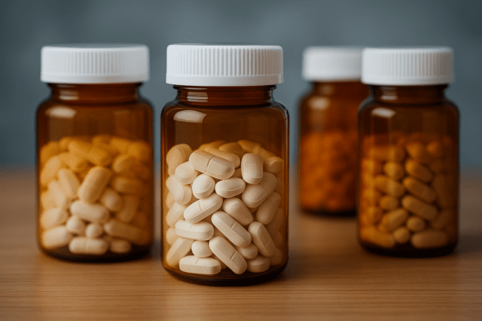 A digital photograph features four amber prescription bottles filled with white and orange tablets, neatly arranged on a wooden surface, symbolizing pharmaceutical treatments for energy and motivation.