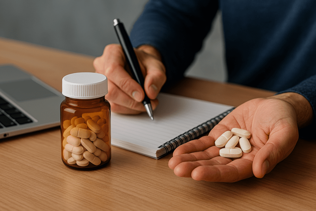A digital photograph depicts a focused individual writing in a notebook beside a laptop, holding several white tablets near an amber prescription bottle, symbolizing the role of medication in enhancing focus and motivation