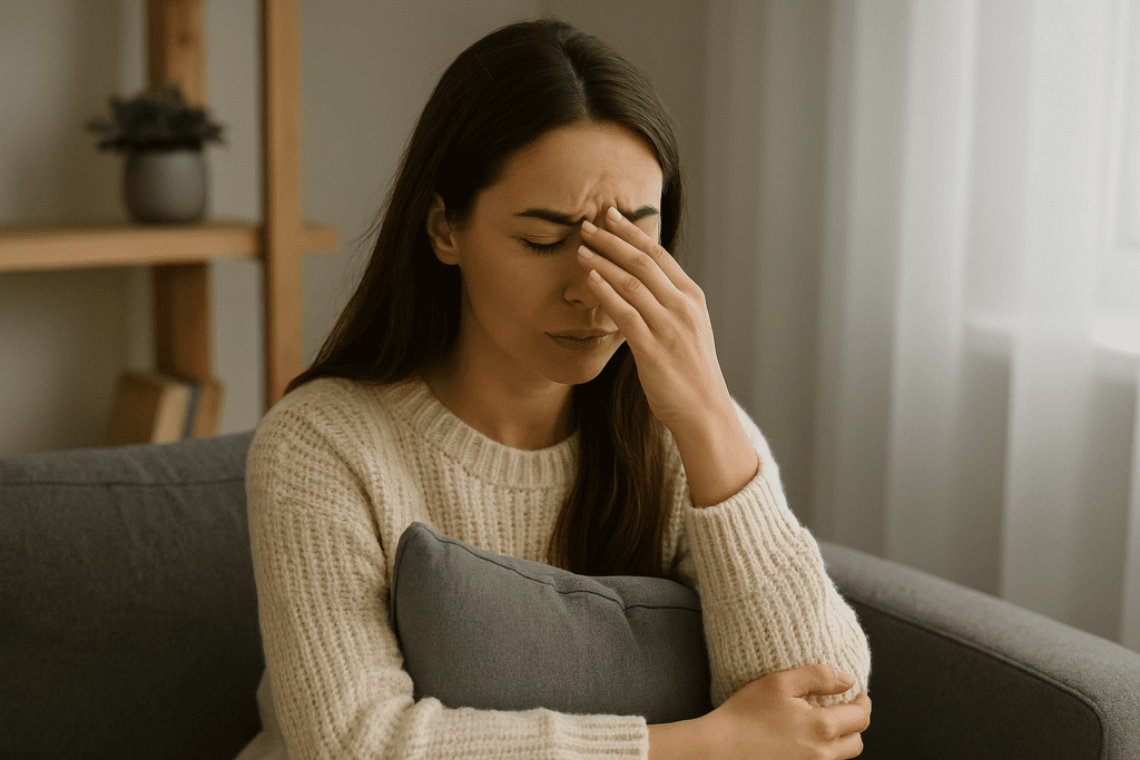 A distressed young woman sitting alone on a couch, holding a pillow and covering her eyes in emotional discomfort, symbolizing the aftermath of a panic attack and the beginning of emotional processing.