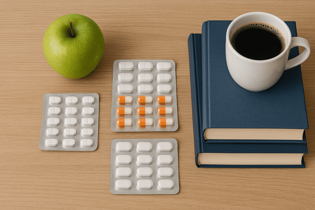 A photograph displays various energy and motivation enhancers, including blister packs of pills, a green apple, a cup of black coffee, and stacked books, arranged neatly on a wooden desk under soft lighting.