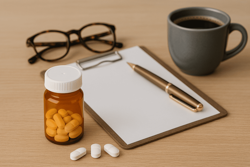 A digital photograph displays various items arranged to symbolize productivity and focus, featuring a prescription pill bottle, a clipboard with a pen, eyeglasses, and a cup of coffee on a wooden surface.
