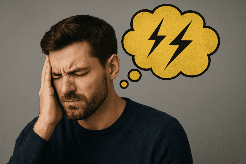 A young man with closed eyes and a pained expression holds his head as a yellow thought bubble with black lightning bolts floats above, visually representing intrusive negative thoughts.