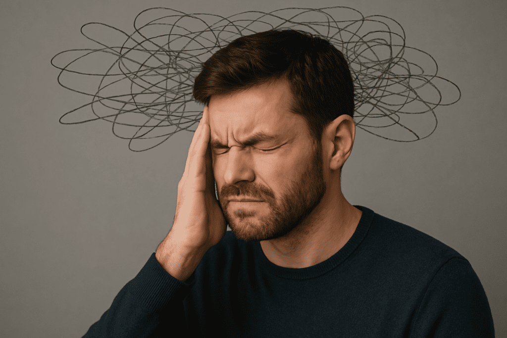 A man presses his temple with eyes shut while abstract tangled lines swirl above his head, depicting overwhelming mental clutter and the struggle to stop racing thoughts.