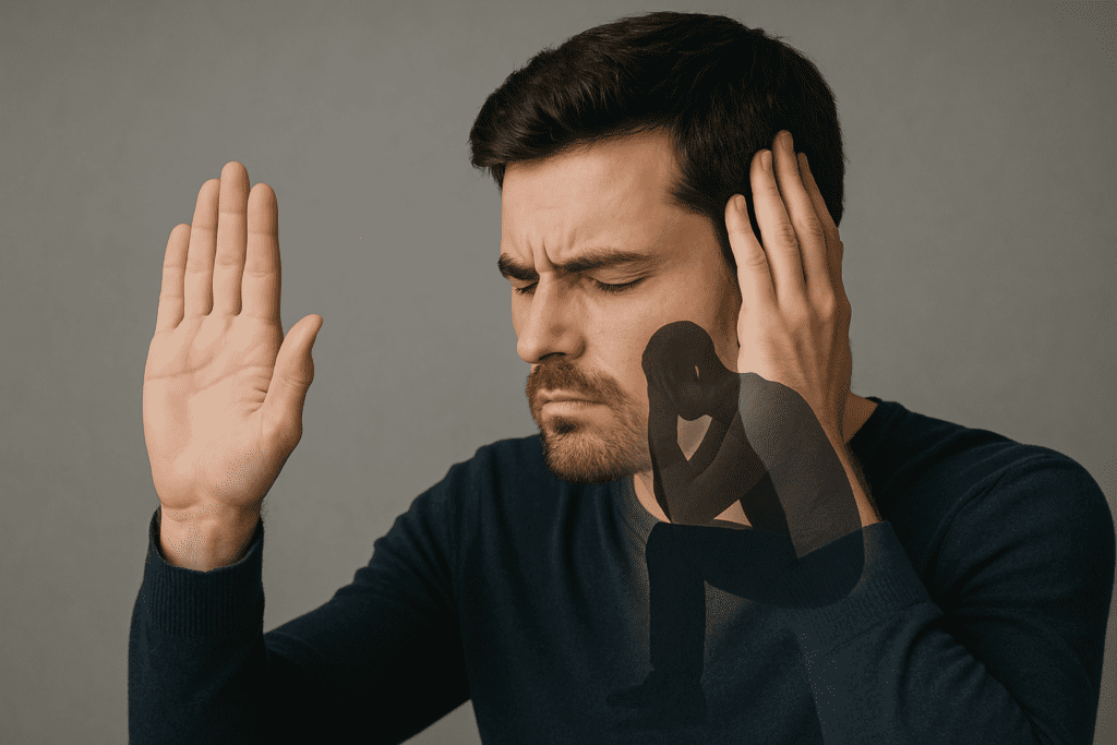 A close-up of a man holding his head with one hand raised, featuring a shadowy inner figure curled up inside his silhouette, symbolizing internal emotional conflict and the process of regaining mental control.