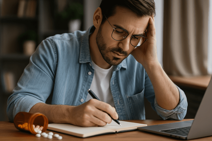 A focused man is writing in a notebook at a wooden desk with an open pill bottle and scattered capsules, symbolizing off-label use of focus medications for concentration.