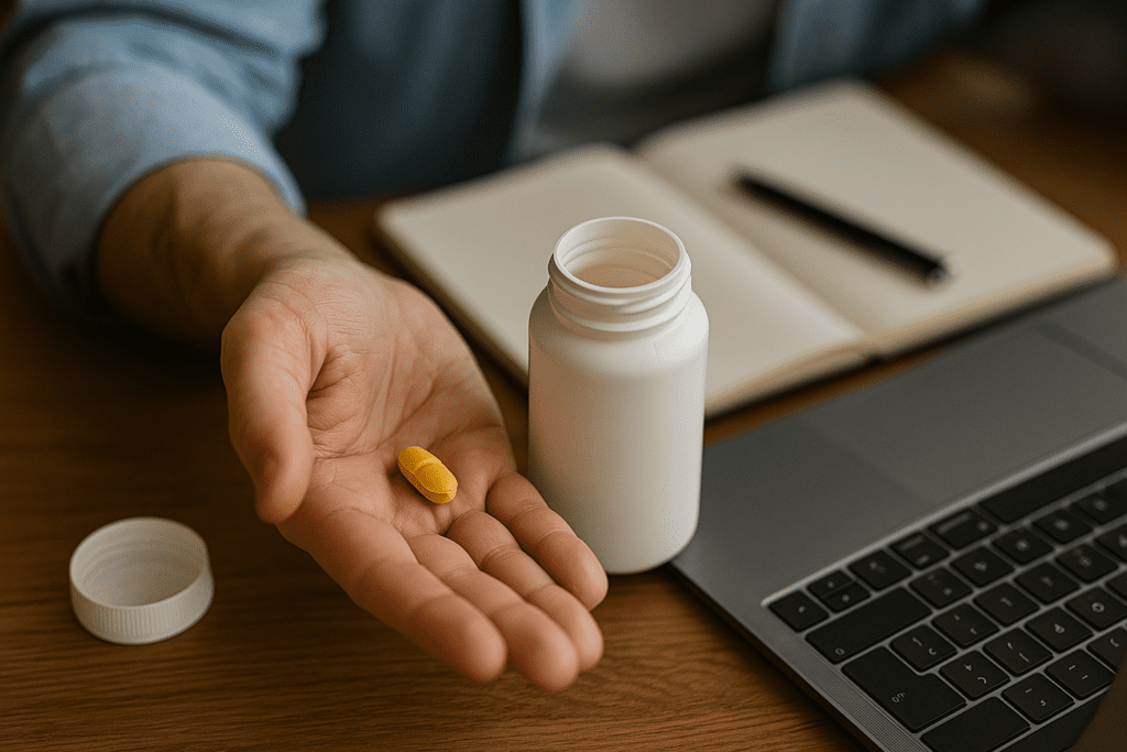 A close-up of a person holding a yellow pill above a white bottle next to a laptop and notebook, representing cognitive enhancement through medication.