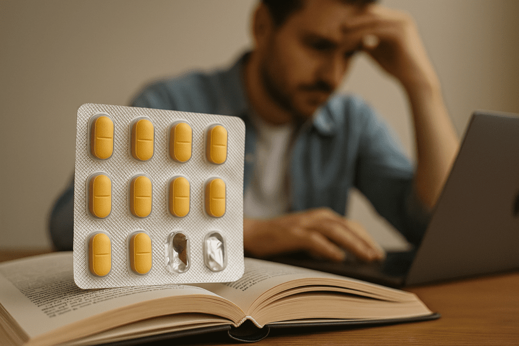 A blister pack of yellow pills resting on an open book with a man concentrating on his laptop in the background, visually exploring the use of focus meds for studying.
