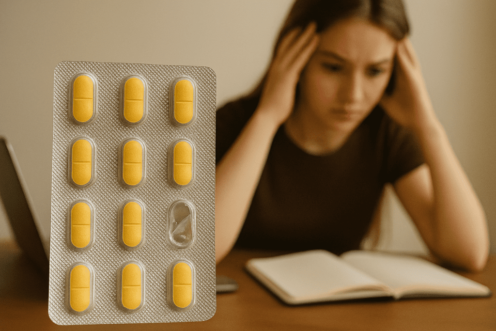 A blister pack of yellow pills with one cavity empty, in front of a young woman holding her head while studying, reflecting the tension around off-label cognitive enhancers.