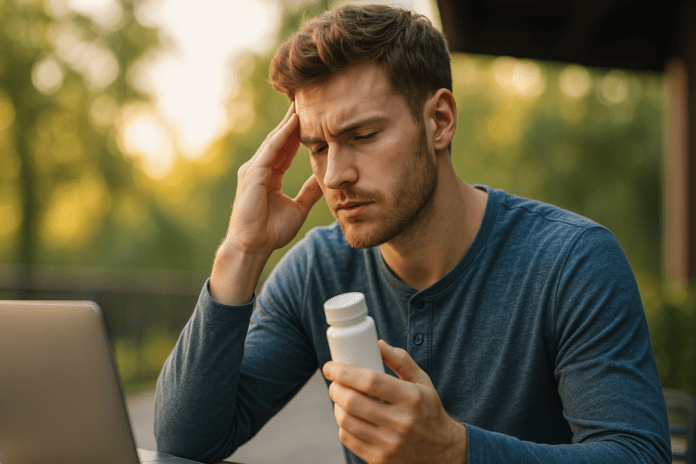 A young Caucasian man sits outdoors in the soft morning light, holding a white pill bottle in one hand while massaging his temple with the other, symbolizing medication that helps with focus. The laptop in front of him and blurred greenery background suggest a calm, natural setting that supports cognitive performance.