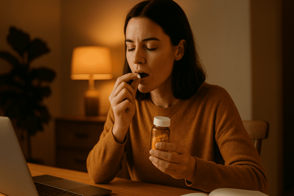 A young woman sits at a wooden desk under warm ambient lighting, calmly taking a focus-enhancing pill from a prescription bottle. The soft indoor glow and relaxed mood emphasize how medication can support concentration and long-term cognitive health in a peaceful environment.