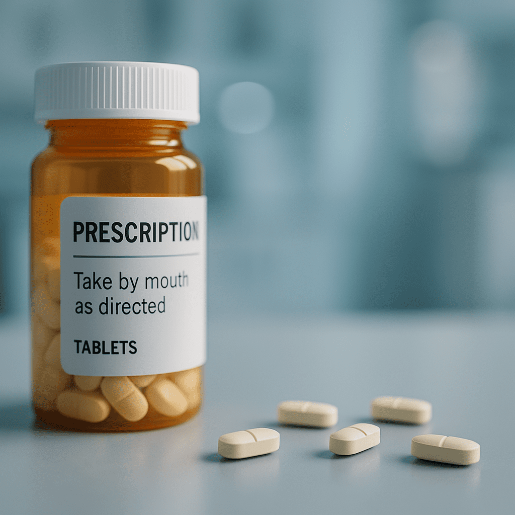 A prescription bottle and several focus-enhancing tablets sit on a clean, blue-gray pharmacy counter under cool clinical lighting. The sharp focus and sterile setting underscore the role of prescribed medication in supporting cognitive performance and mental clarity.