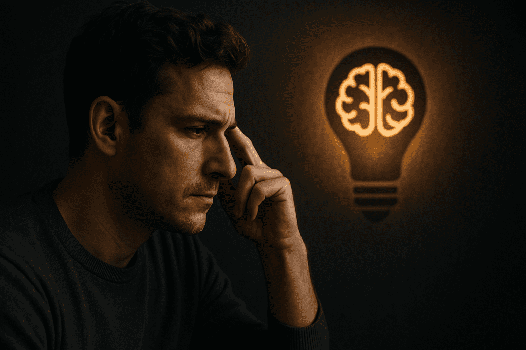 A man in his 30s sits in a dark room, lit by a glowing lightbulb icon with a brain design, as he touches his temple in deep concentration. The moody lighting and symbolic imagery reinforce the cognitive enhancement theme of using medication to improve focus and long-term brain health