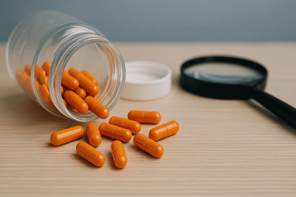 Close-up of bright orange pills scattered from a clear glass jar with a magnifying glass nearby, illustrating scrutiny and evaluation of OTC stimulants for cognitive focus.