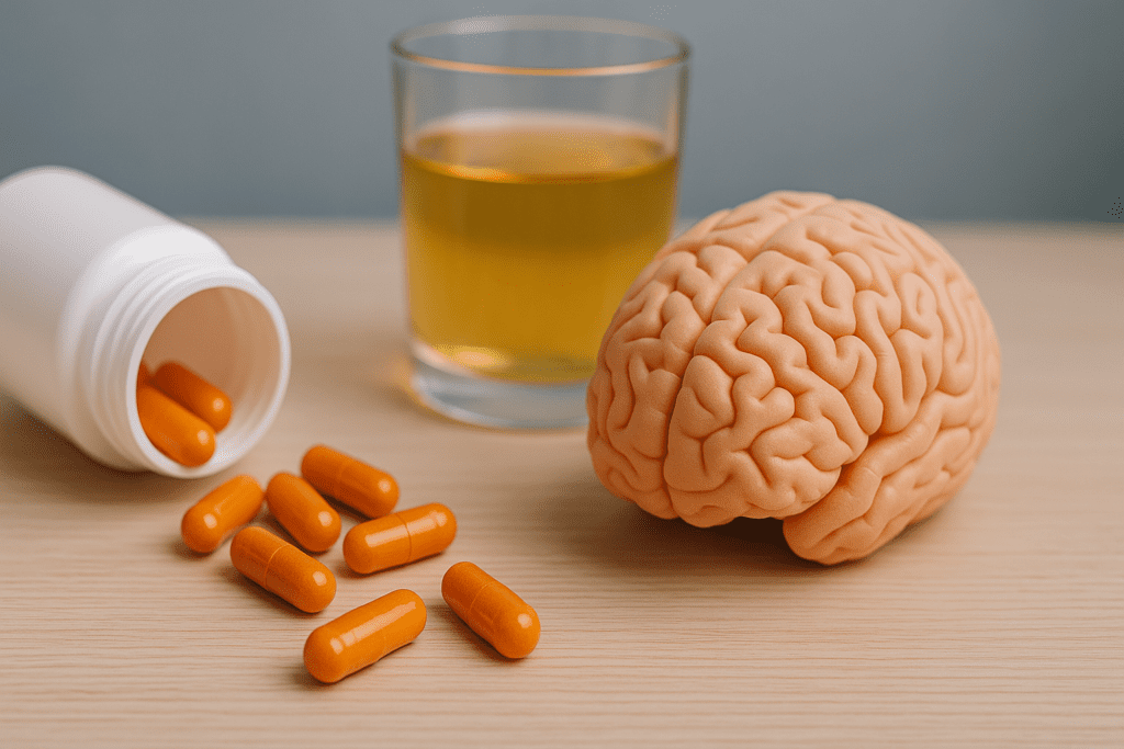 White pill bottle, orange capsules, and a detailed brain model next to a glass of liquid, visually representing the connection between OTC supplements and brain health.