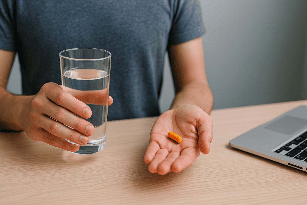 Person holding a glass of water in one hand and an orange capsule in the other, highlighting personal use and decision-making around over-the-counter focus enhancers.