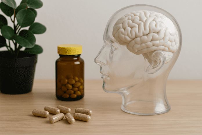 Transparent human head model with visible brain alongside a supplement bottle and natural capsules on a wooden table, symbolizing over-the-counter ADHD medication alternatives.