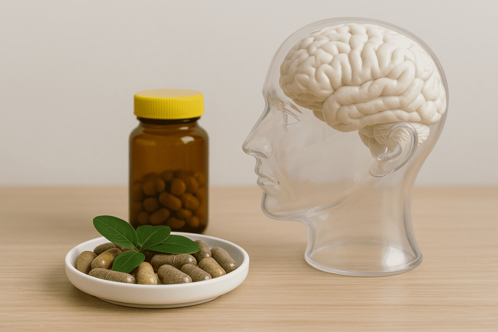 Glass head model with brain beside an amber pill bottle and a dish of herbal capsules with green leaves, representing natural nootropic support for focus and cognitive health.