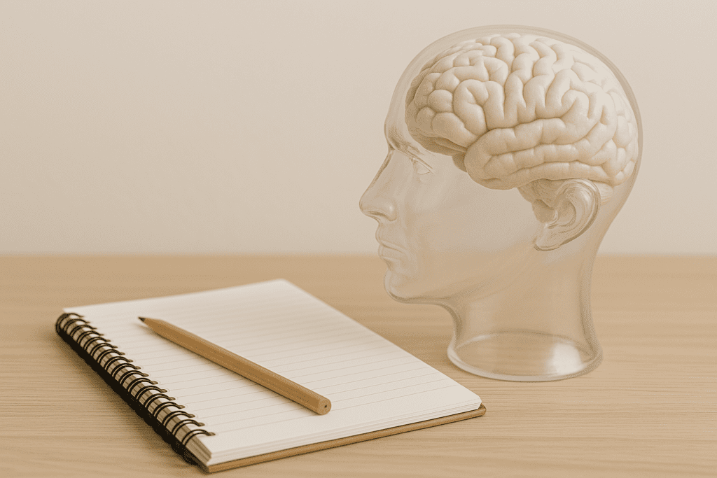 Transparent anatomical head with brain placed next to a notebook and pencil on a wood surface, illustrating non-pharmaceutical ADHD support tools for enhanced concentration.