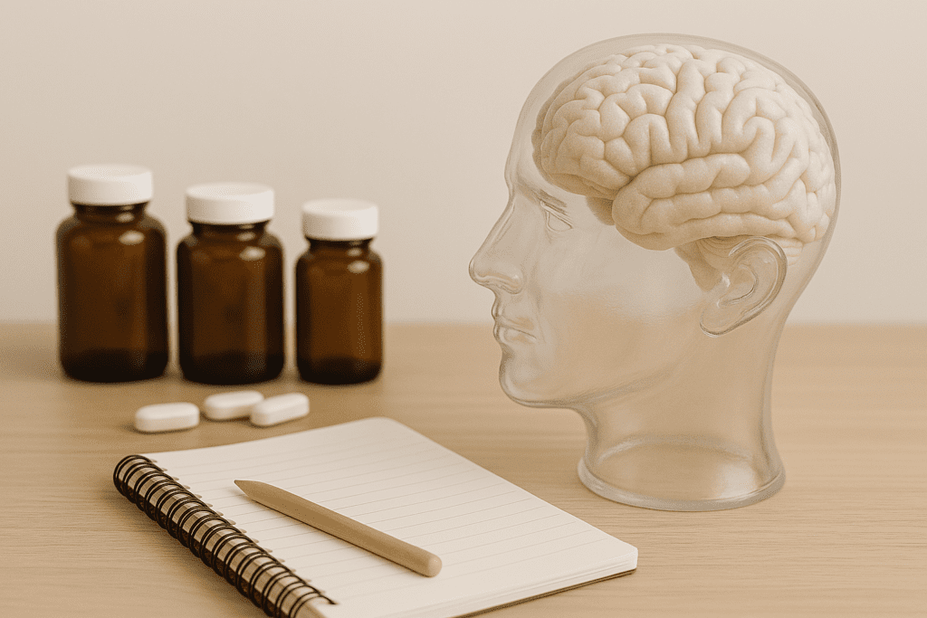 Clear human head model with brain surrounded by supplement bottles, tablets, and a notebook, visualizing evidence-based alternatives to prescription ADHD medication.