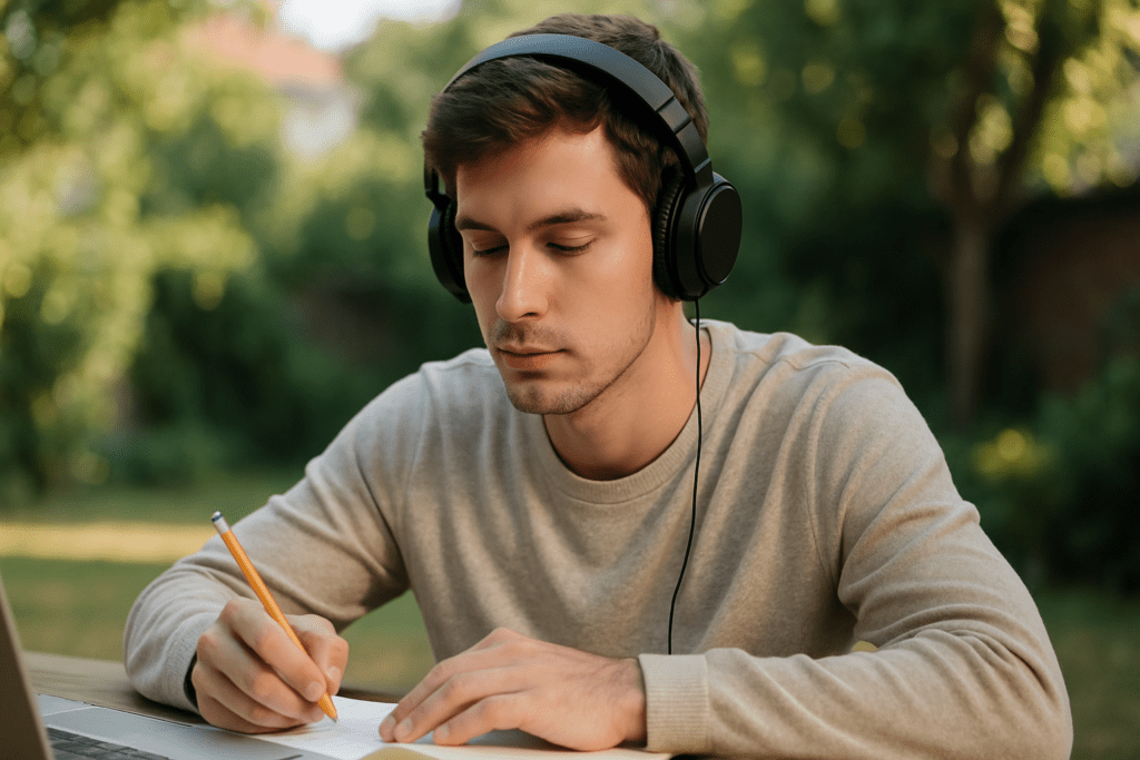 A young man sits at a wooden desk in a tranquil garden, wearing over-ear headphones and writing in a notebook under soft natural morning light. The peaceful outdoor setting and his calm, focused expression evoke how good focus music in a serene environment can enhance concentration and long-term brain function.