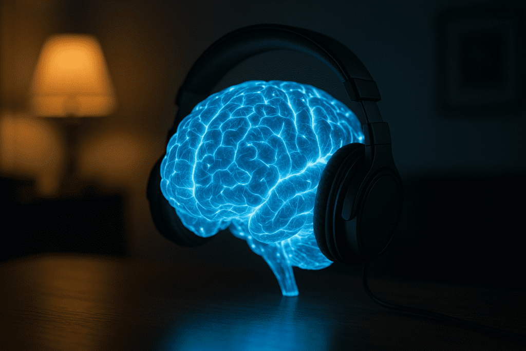 A glowing blue brain model wearing black headphones is illuminated by cool, clinical lighting in a dark room, with neural pathways subtly visible beneath the surface. This symbolic image visually captures how instrumental music to help focus may activate neural circuits linked to cognition and cognitive enhancement.