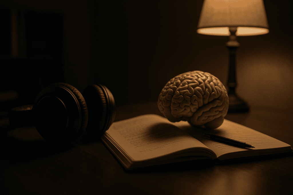 On a dark wooden desk lit by a warm lamp, a brain model sits atop an open notebook beside a pair of black headphones, with dramatic shadows adding depth and mood. This visually symbolic scene reflects how relaxing focus music, combined with quiet study rituals, may promote better brain performance and memory retention over time.