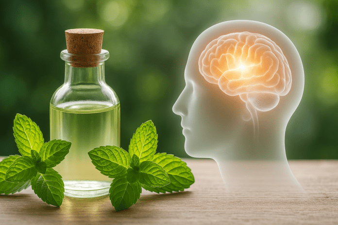 Glass bottle of peppermint essential oil with fresh mint leaves and a glowing brain silhouette in the background, symbolizing cognitive clarity and focus.