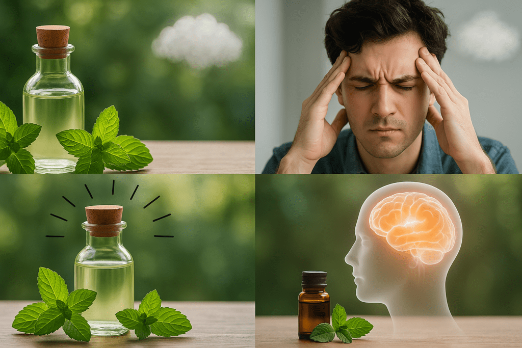 Collage showing peppermint oil bottles, a man experiencing brain fog, and illuminated brain graphics to represent how peppermint essential oil may support concentration and mental clarity.