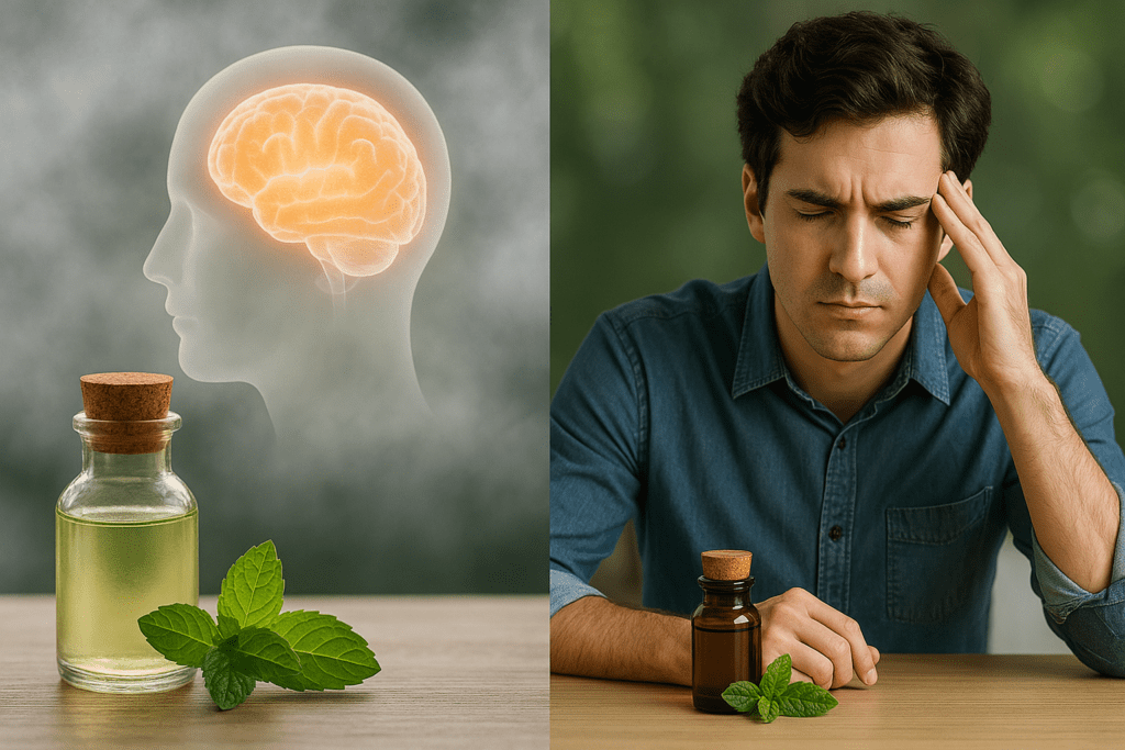 Split image featuring a glowing brain above a peppermint oil bottle and a man concentrating beside a bottle, illustrating peppermint’s potential to improve mental focus and reduce brain fog.