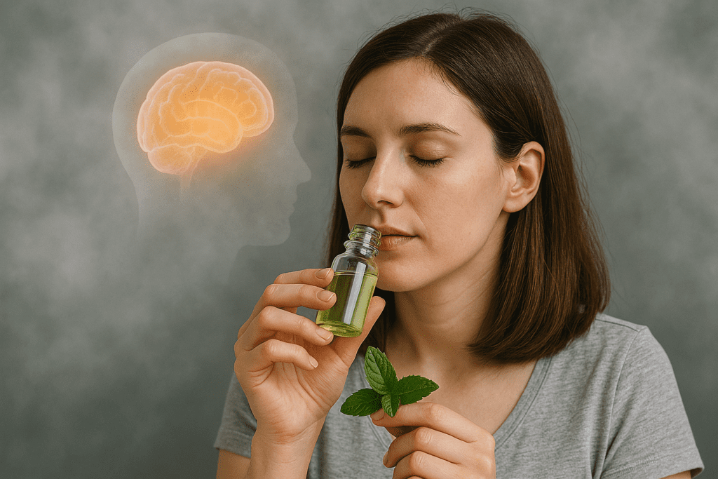 Woman inhaling peppermint essential oil with eyes closed, holding fresh mint leaves, as a glowing brain graphic floats in the background—depicting the calming and clarifying effects of peppermint on the brain.