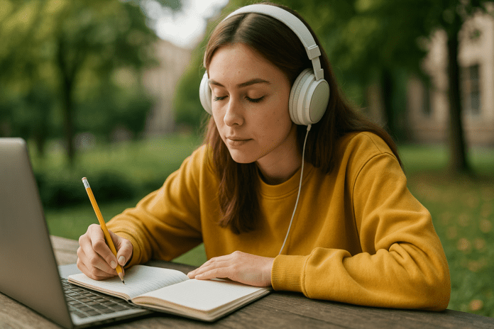 A young woman wearing white over-ear headphones studies outdoors at a wooden table in soft natural morning light. Her serene expression and focused posture reflect how music to help study can improve concentration and support brain health in a peaceful environment.