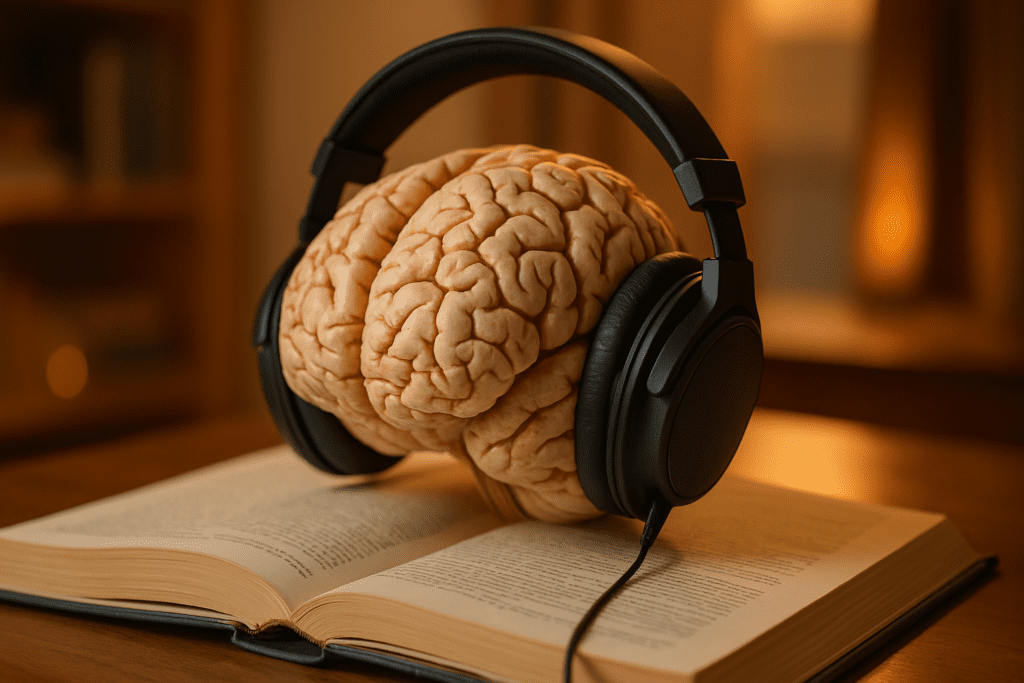 A photorealistic model of a human brain wearing black headphones rests on an open book, bathed in warm indoor ambient lighting. This symbolic image highlights the concept of best focus music enhancing cognitive function and mental longevity.