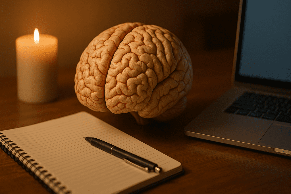 A detailed brain model sits on a wooden desk next to a lit candle, an open laptop, and a lined notebook under soft, warm light. This scene visually conveys how good focus music and calming environments can contribute to improved brain performance and study effectiveness.
