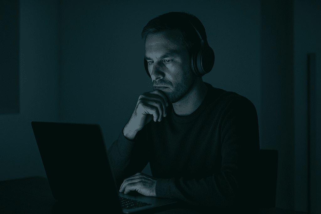 A man in his late 30s sits alone in a minimalist, dimly lit modern room, wearing noise-canceling headphones while gazing thoughtfully at a glowing laptop screen. The moody lighting and cool color palette emphasize the introspective atmosphere of using best music for concentration to support deep mental focus and long-term cognitive health.