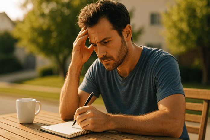 A focused man in his 30s sits alone at a wooden outdoor table during the early morning, writing in a notebook with a cup of coffee beside him. The soft natural morning light enhances the tranquil suburban setting, representing a calming brain health ritual for managing adult ADHD.