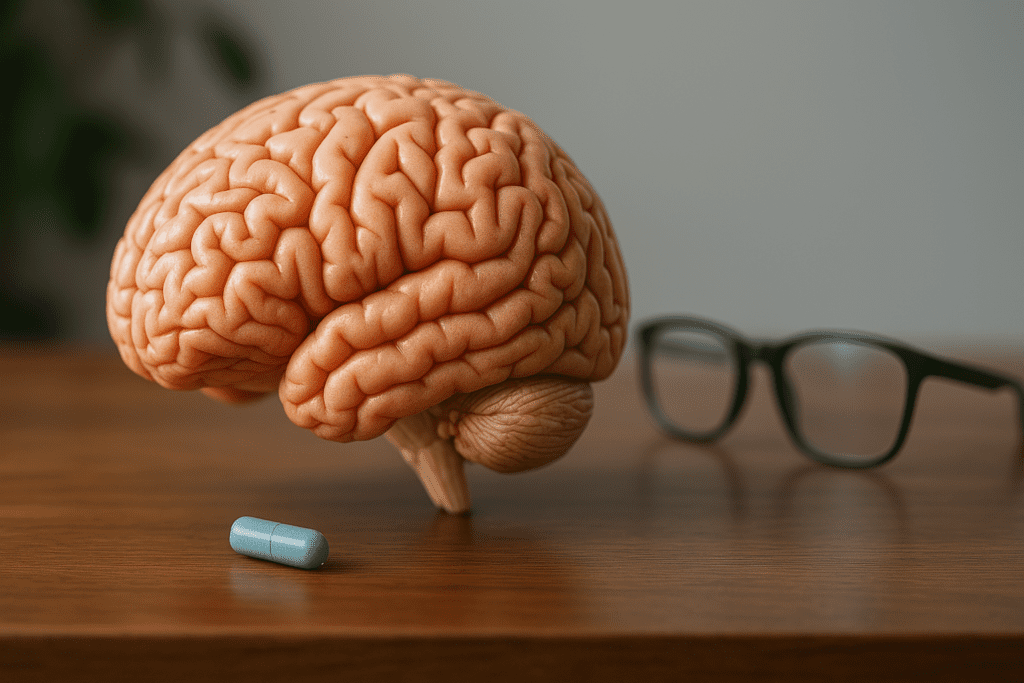 A realistic human brain model rests on a polished wooden table next to a blue capsule and dark-framed glasses, captured in warm indoor ambient lighting. This symbolic scene highlights cognitive enhancement tools and brain-supporting strategies relevant to adult ADHD and longevity.