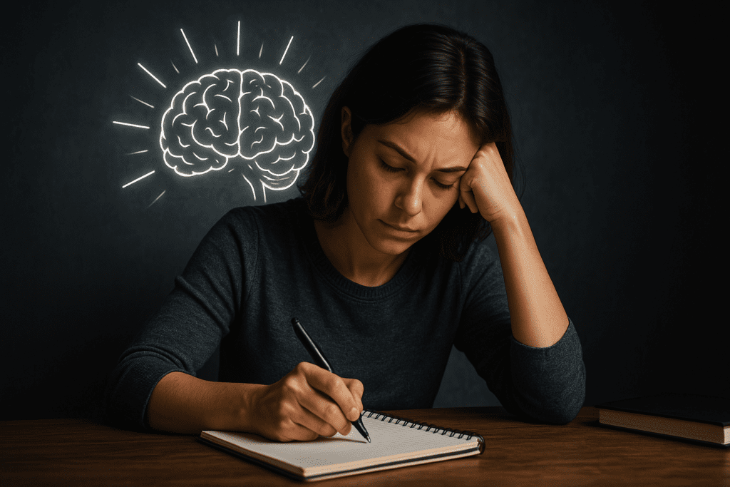 A young woman with brown hair concentrates while writing in a notebook at a wooden desk, her brow furrowed in focus under moody, dramatic lighting. A glowing brain illustration on the dark background symbolizes cognitive stimulation, portraying the emotional challenges and strategies of coping with adult ADHD.