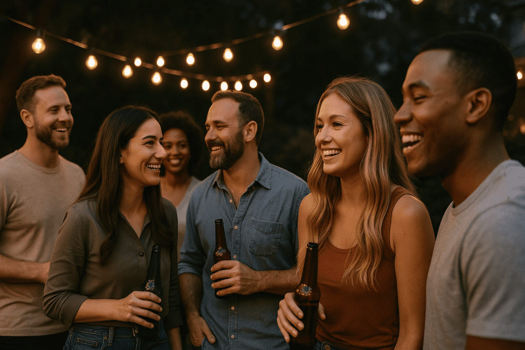 A group of six diverse adults laugh and talk under warm string lights in a cozy backyard setting, evoking connection and relaxation during an evening social gathering. This image visually represents the importance of lifestyle balance and social support for adults managing ADHD.
