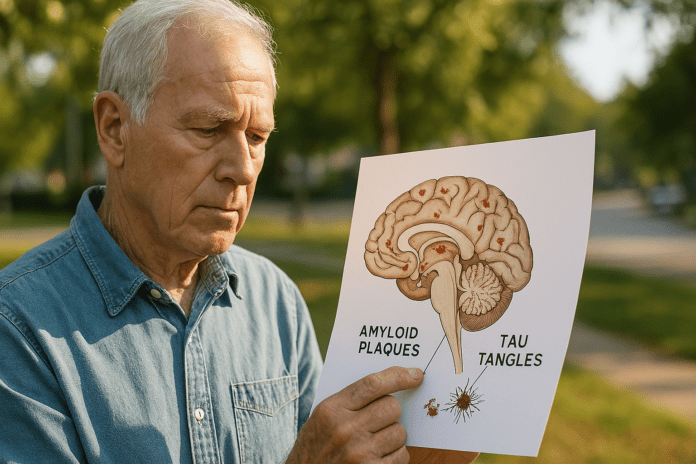 An older Caucasian man stands outdoors in a quiet suburban neighborhood under soft natural morning light, intently examining an illustrated diagram of a human brain that highlights amyloid plaques and tau tangles, representing the biological basis of Alzheimer’s disease. The serene green background contrasts with the man’s focused expression, reinforcing the theme of Alzheimer’s awareness and brain health.