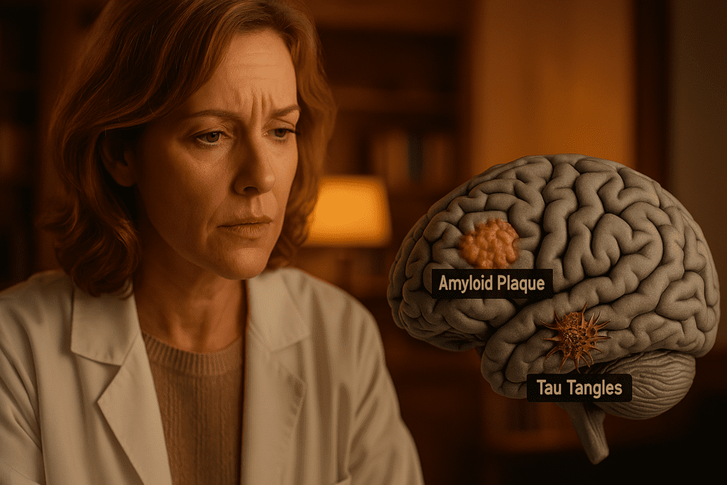 A middle-aged female scientist in a warm-lit office carefully examines a model of the human brain showing amyloid plaque and tau tangles, key markers of Alzheimer’s disease. Her intense expression and the soft, ambient glow of the background emphasize the thoughtful study of Alzheimer’s-related brain pathology.