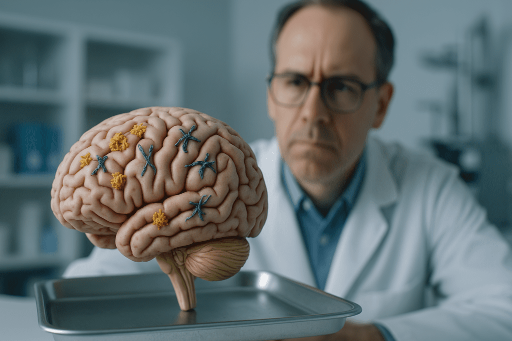 A realistic anatomical brain model sits on a metal tray in a sterile lab under cool clinical lighting, with visible representations of amyloid plaques and tau tangles. In the background, a male scientist in a white lab coat studies the model closely, symbolizing scientific efforts to understand Alzheimer’s disease.