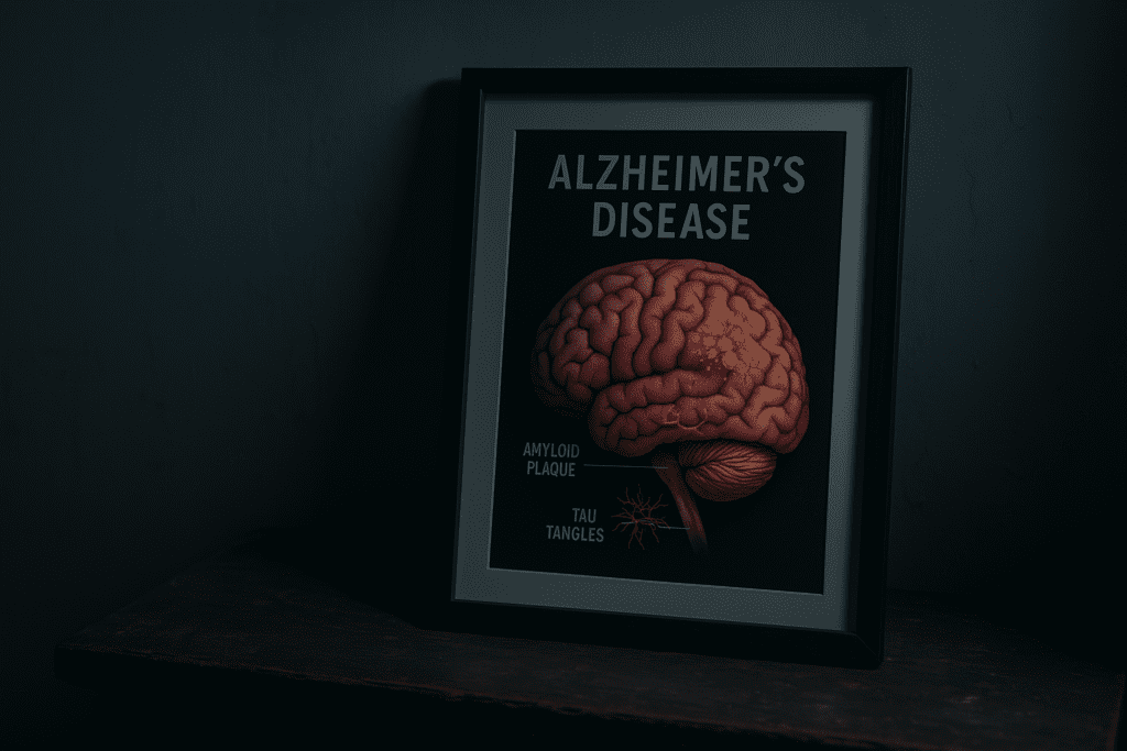 A framed brain illustration depicting Alzheimer’s disease markers, including amyloid plaques and tau tangles, leans against a dark wall on a weathered wooden surface under moody lighting. The dramatic shadows and somber tones reflect the gravity of Alzheimer’s pathology and brain degeneration.