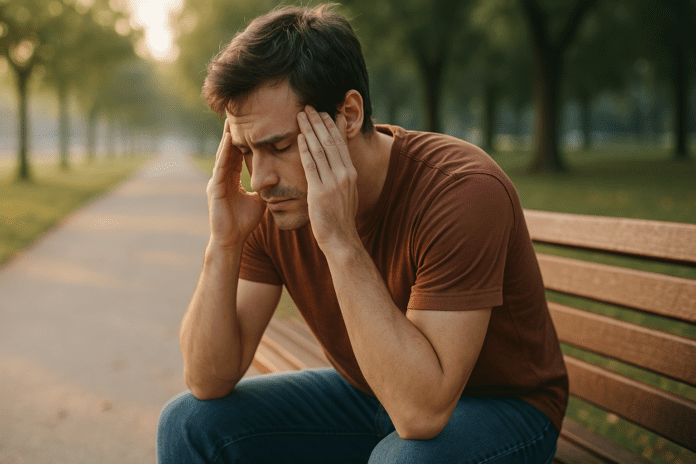 A photograph taken in the early morning shows a young man sitting on a park bench with his head in his hands, visibly struggling to focus. The soft natural light highlights the calm outdoor environment, contrasting with the man’s mental fatigue, visually representing the struggle of a short attention span and cognitive overload.