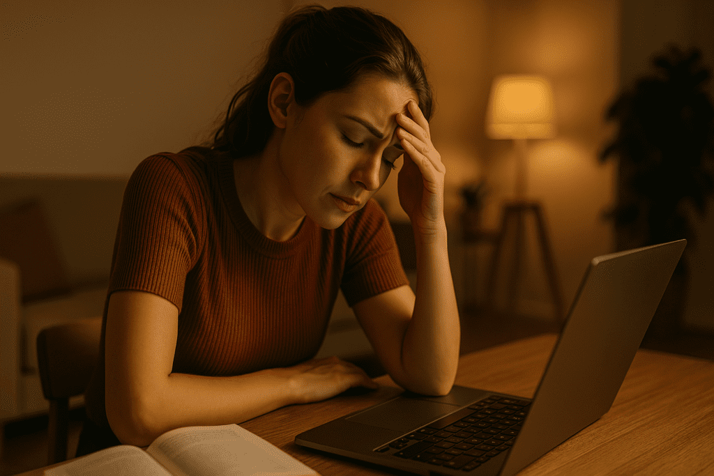 A young woman sits at a wooden table in a warmly lit room at night, visibly fatigued and struggling to concentrate while working on a laptop. Surrounded by warm ambient light and study materials, the scene captures the challenge of a short attention span and highlights the need for natural strategies to improve focus.