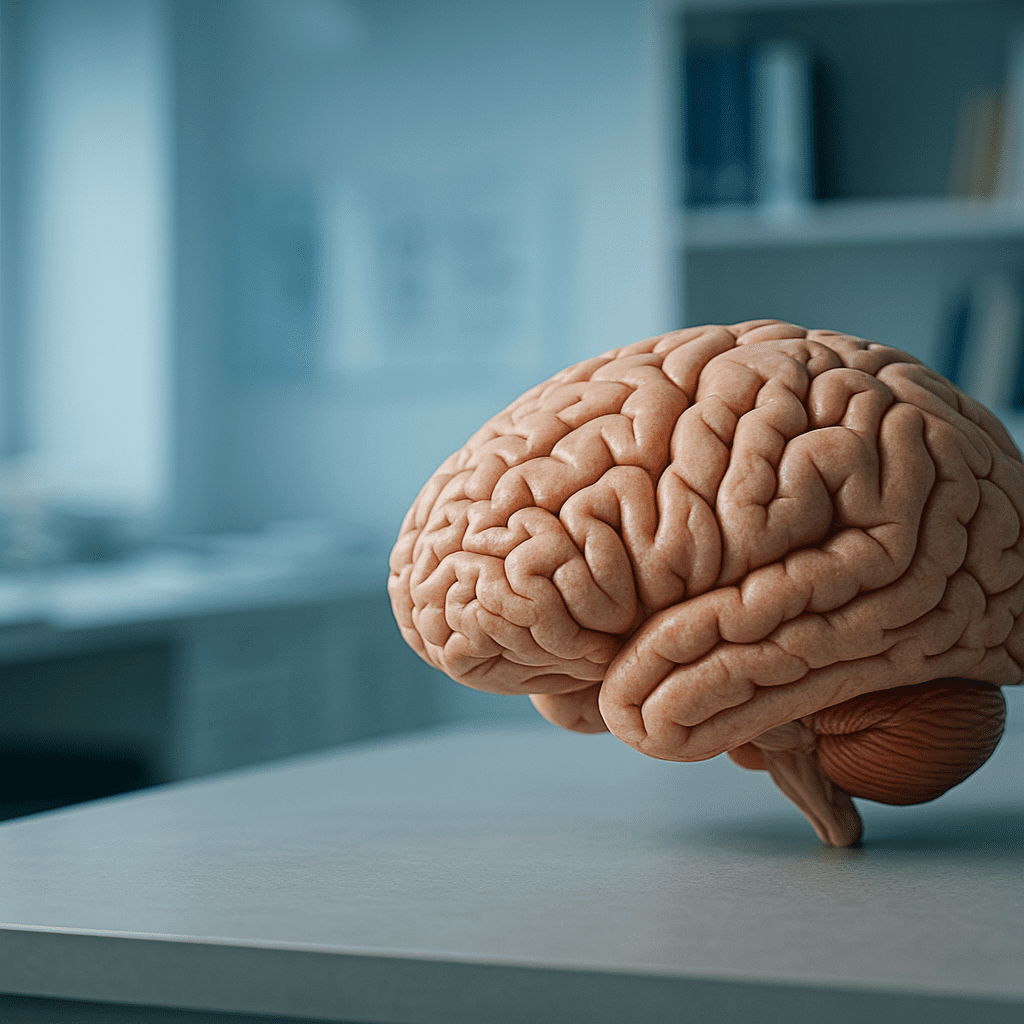 A close-up of a human brain model rests on a lab counter under cool clinical lighting, with a softly blurred scientific environment in the background. This realistic visual underscores neuroscience-backed insights into why attention spans may be short and how understanding brain function can lead to natural solutions.