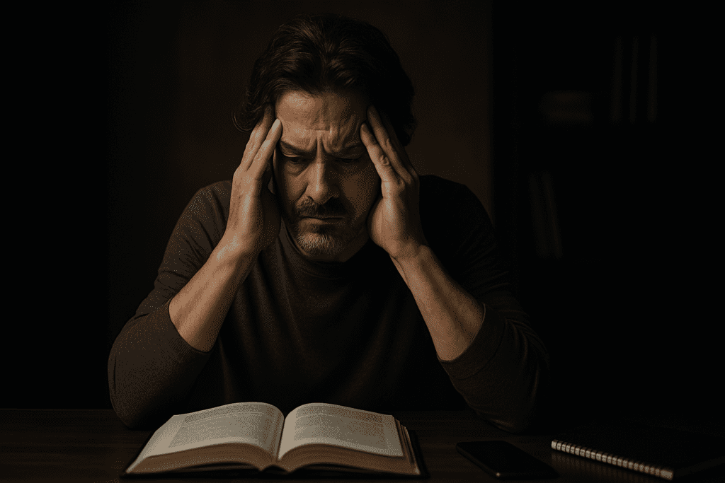 A middle-aged man sits at a dimly lit desk with his hands on his temples, appearing mentally drained as he stares at an open book in front of him. The dramatic moody lighting and contemplative atmosphere reflect the emotional toll of a short attention span and the struggle to stay focused, emphasizing the need for brain health strategies.